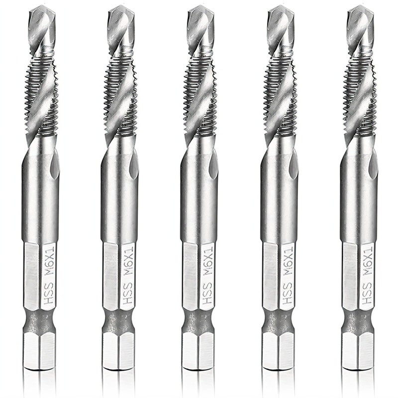 Hymnorq 5-Piece High-Speed Steel Combination Tap and Drill Bit Set â€“ M6 x 1mm, Fully Ground, 1/4" Hex Shank, Dual Twist Flute, 118Â° Split Point - Image 1